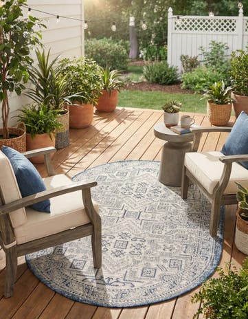 Blue Easy-Clean Aztec Indoor / Outdoor Oval Rug