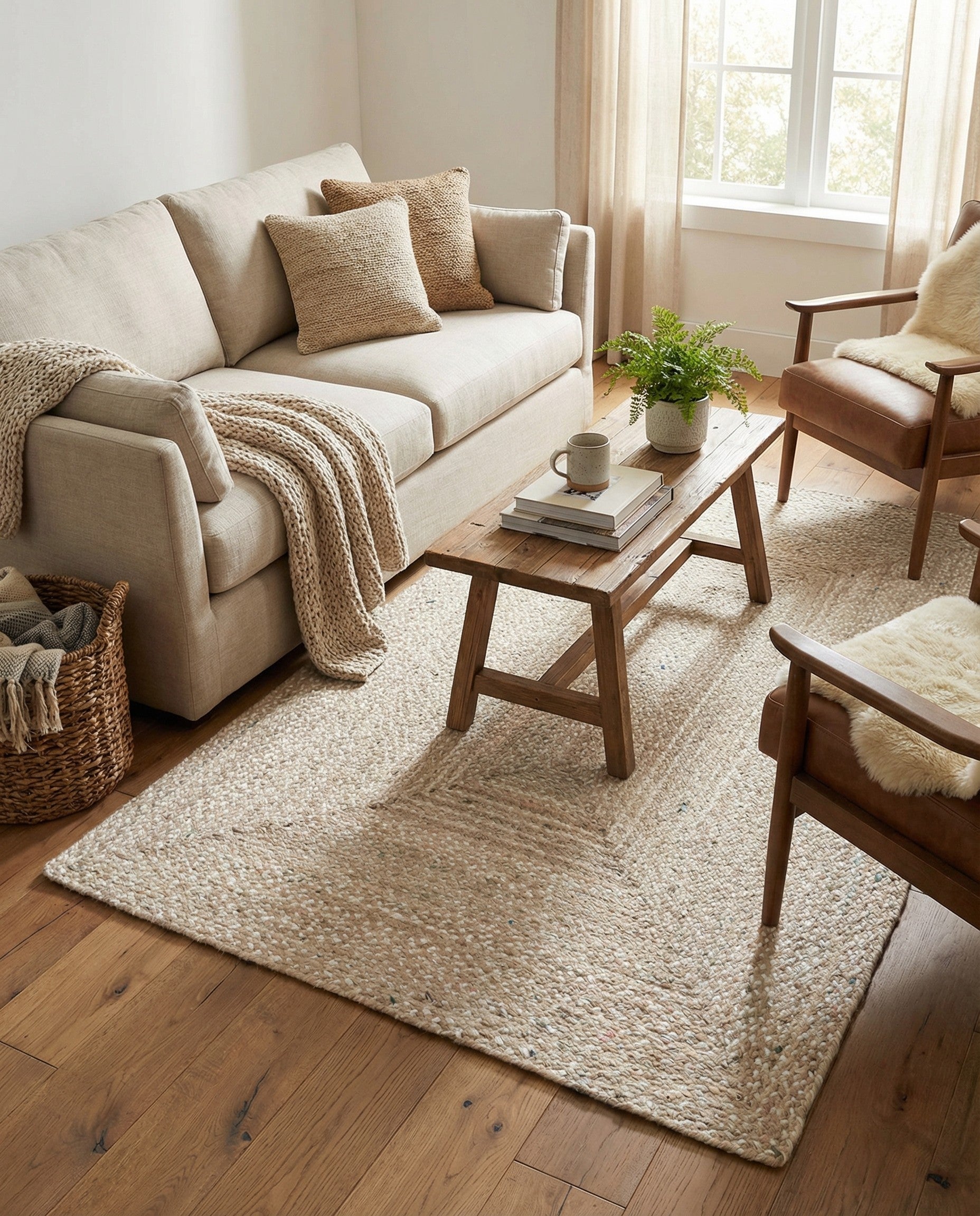 A 6x9 rectangular ivory and cream braided cotton rug with a subtle stripe pattern, perfect for a living room.