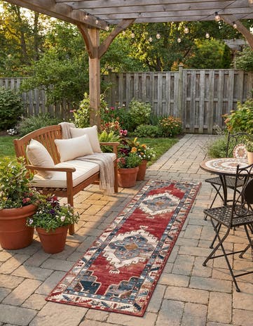 Red and Navy Blue Easy-Clean Traditional Indoor / Outdoor Runner Rug