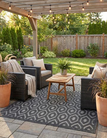 Charcoal Easy-Clean Trellis Textured Indoor / Outdoor Square Rug