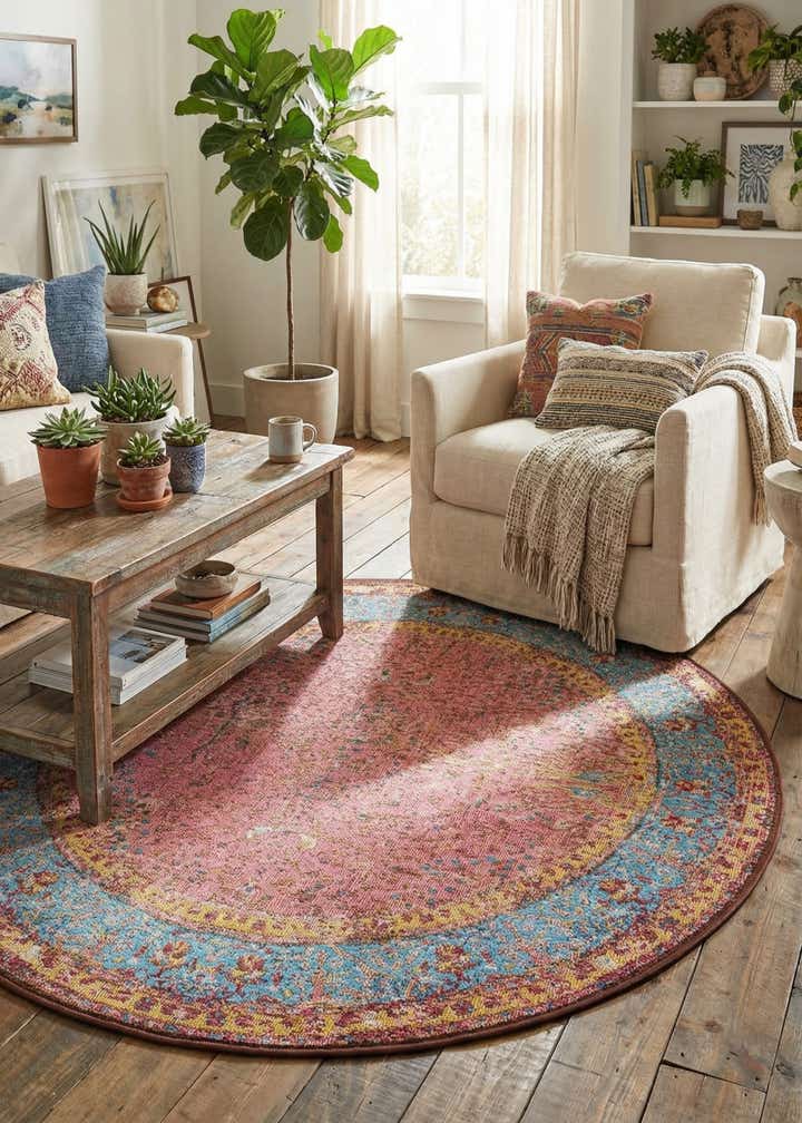 4' 1 x 4' 1 Easy-Clean Traditional Indoor / Outdoor Round Rug