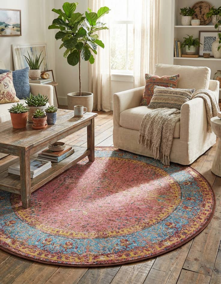 Detail image of 4' 1 x 4' 1 Easy-Clean Traditional Indoor / Outdoor Round Rug