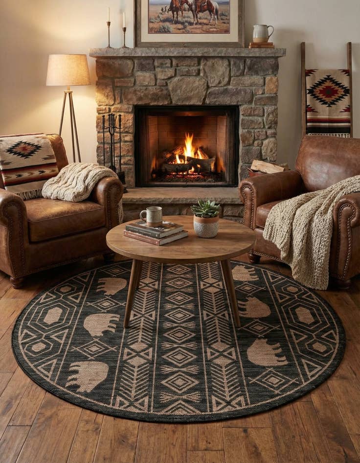 Detail image of 5' 3 x 5' 3 Easy-Clean Southwestern Indoor / Outdoor Round Rug