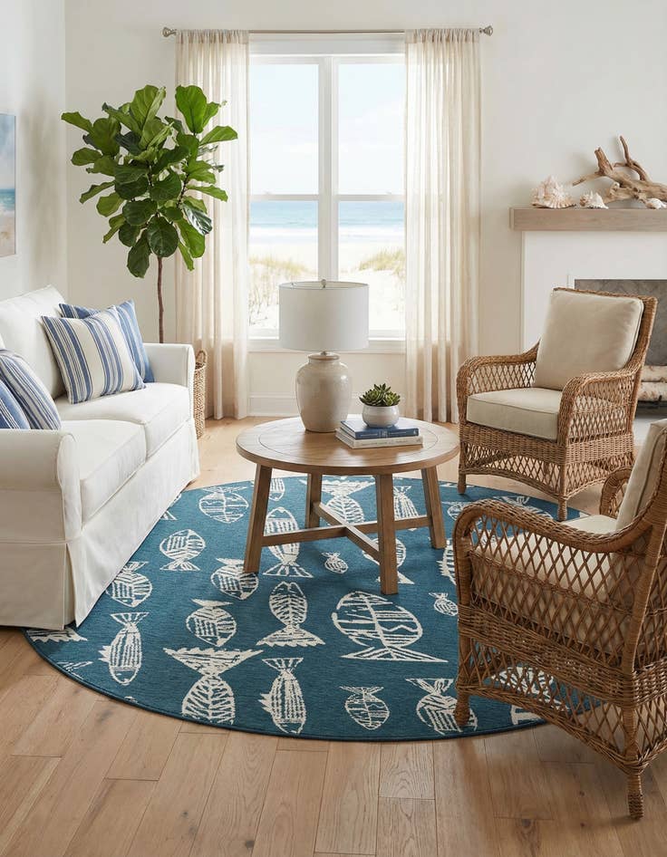 Detail image of 7' x 7'  Washable Coastal Indoor / Outdoor Round Rug