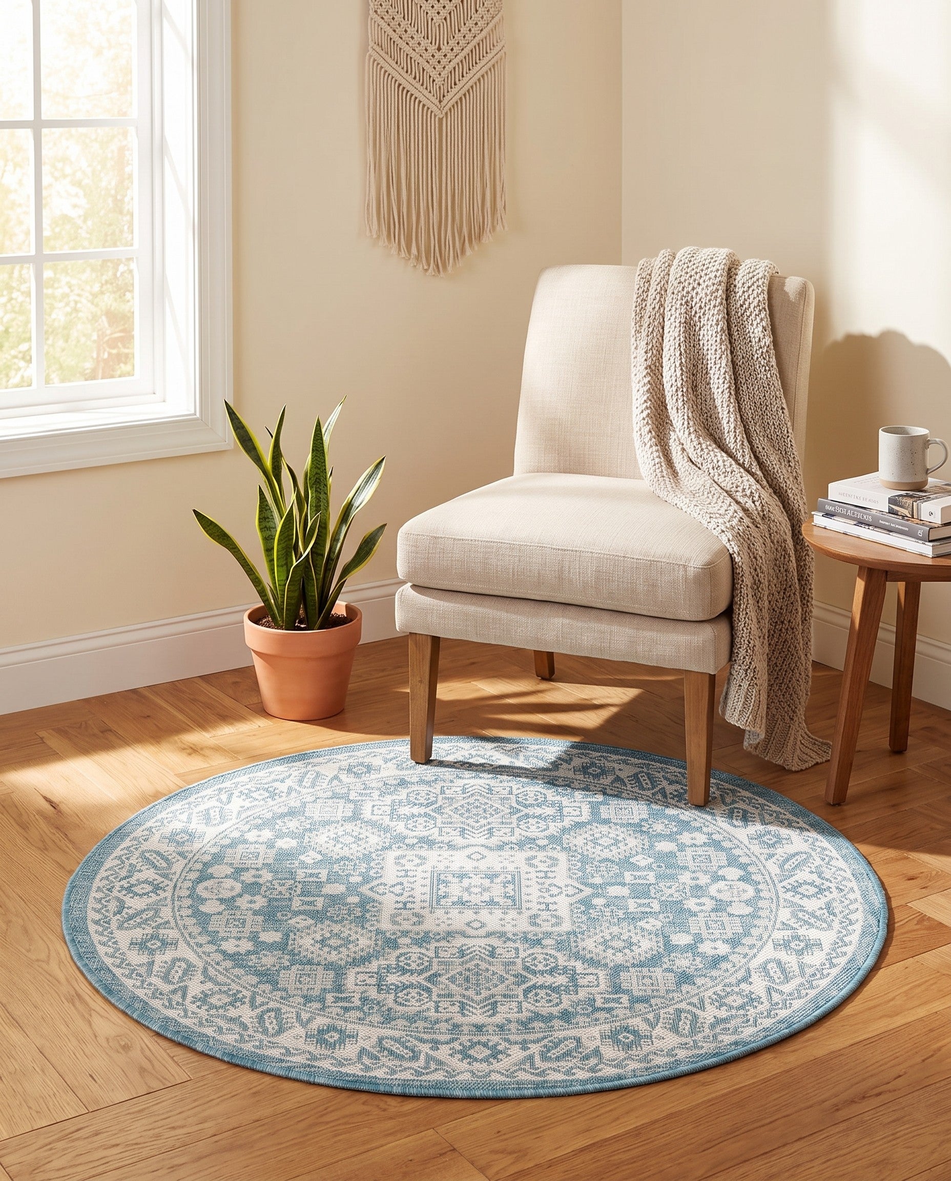 4' x 4' Easy-Clean Aztec Indoor / Outdoor Round Rug