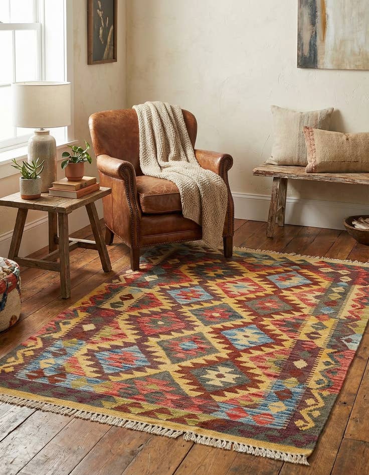 Detail image of 3' 4 x 4' 8  Hand Woven Kilim Maymana Wool Rug