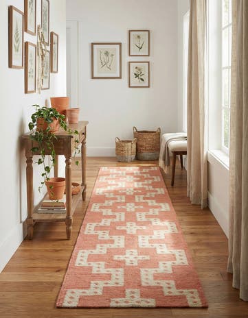 Rose and White Hand Woven Kilim Wool Runner Rug
