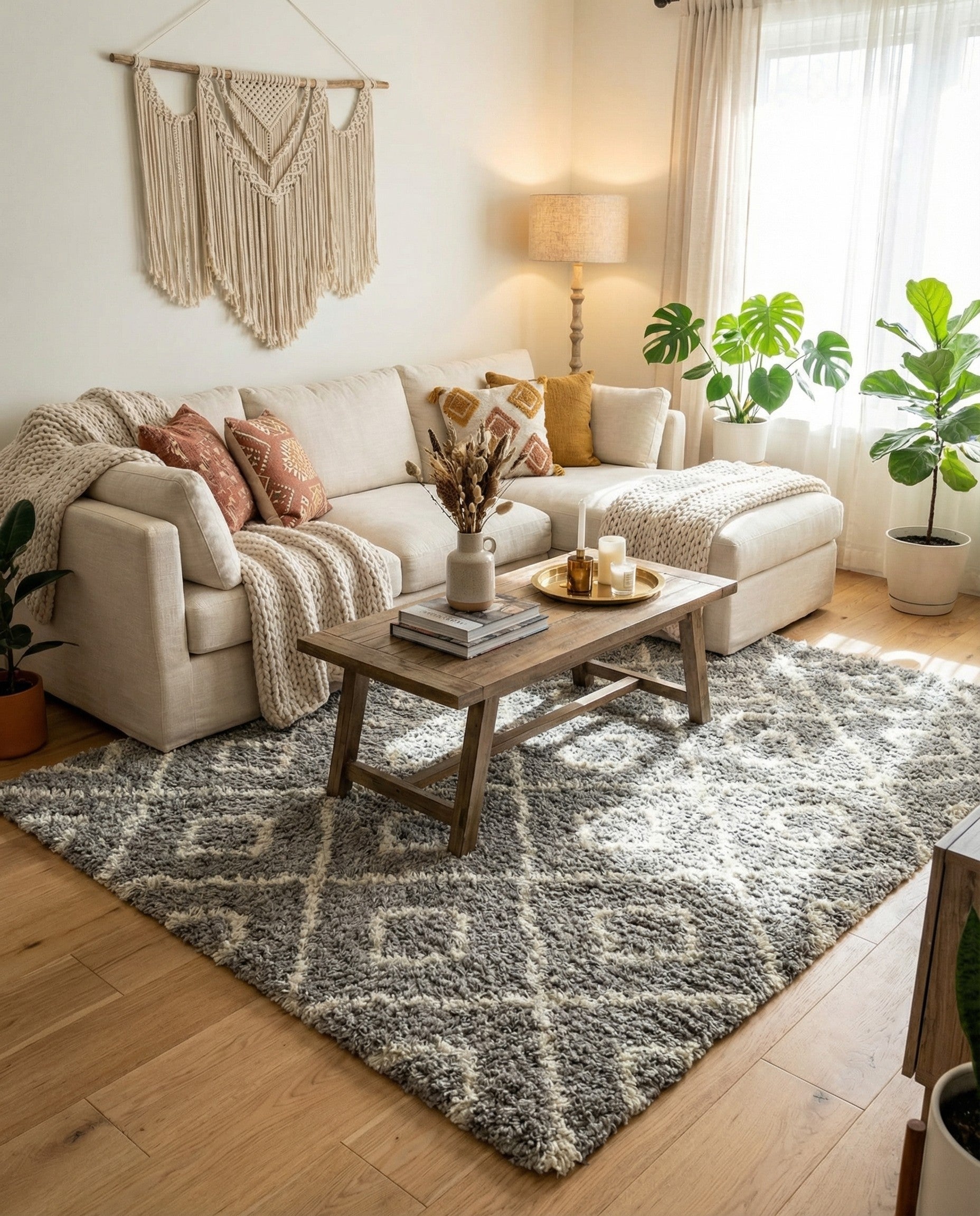 A close-up of a gray and white square area rug with a modern trellis pattern and textured high/low pile.