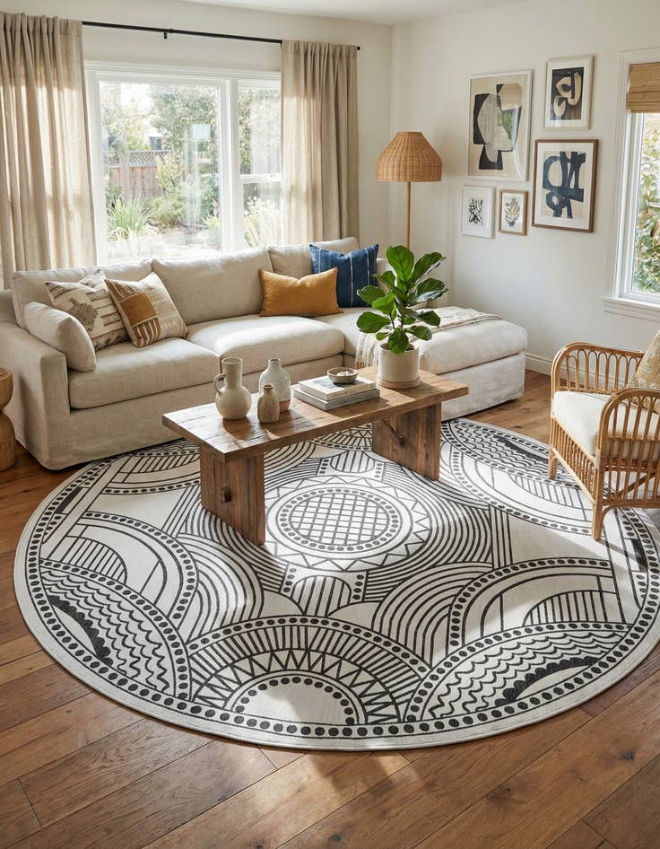 Detail image of 12' x 12'  Washable Traditional Indoor / Outdoor Round Rug