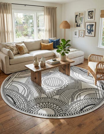 White and Black Easy-Clean Traditional Indoor / Outdoor Round Rug