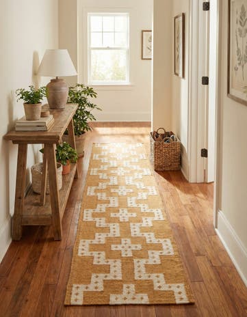 Gold and Ivory Hand Woven Kilim Wool Runner Rug