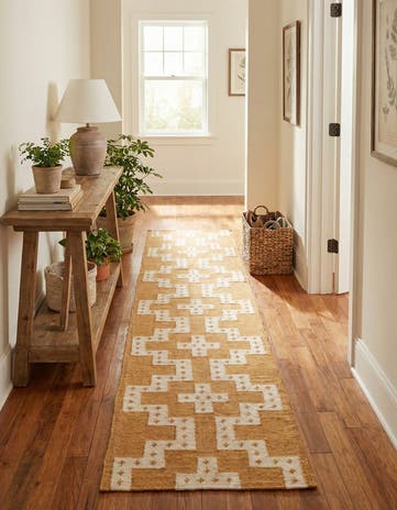 Gold and Ivory Hand Woven Kilim Wool Runner Rug