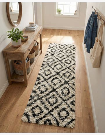 White and Black Lattice Shag Runner Rug