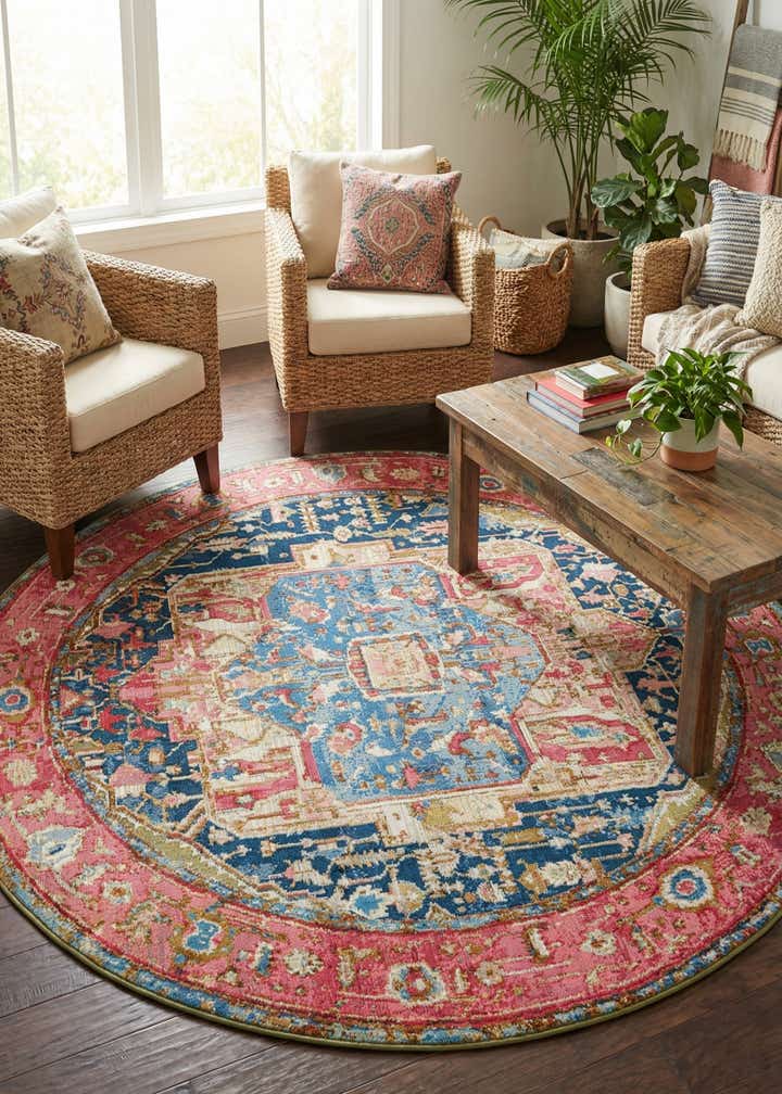 7' x 7' Easy-Clean Traditional Indoor / Outdoor Round Rug