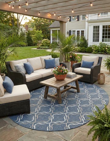 Navy Blue Easy-Clean Lattice Indoor / Outdoor Oval Rug