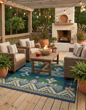 Blue and Green Easy-Clean Baja Indoor / Outdoor Square Rug