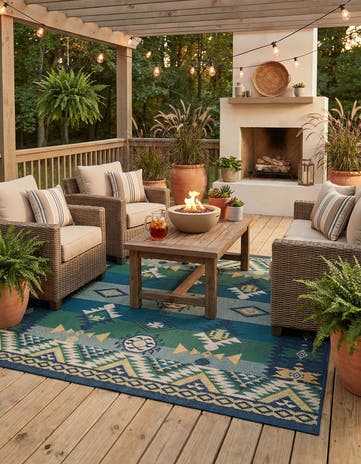 Blue and Green Easy-Clean Baja Indoor / Outdoor Square Rug