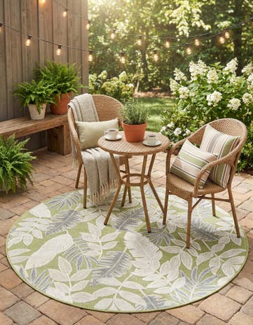 Green Easy-Clean Botanical Indoor / Outdoor Round Rug