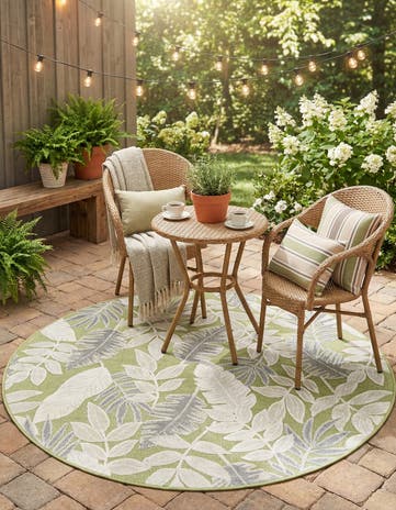 Green Easy-Clean Botanical Indoor / Outdoor Round Rug