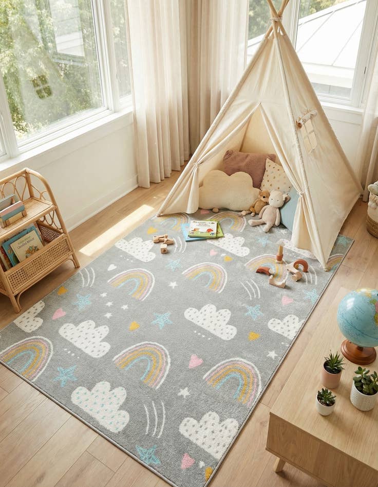 Detail image of  5' 3 x 8' Clouds and Rainbows Whimsy Kids Rug