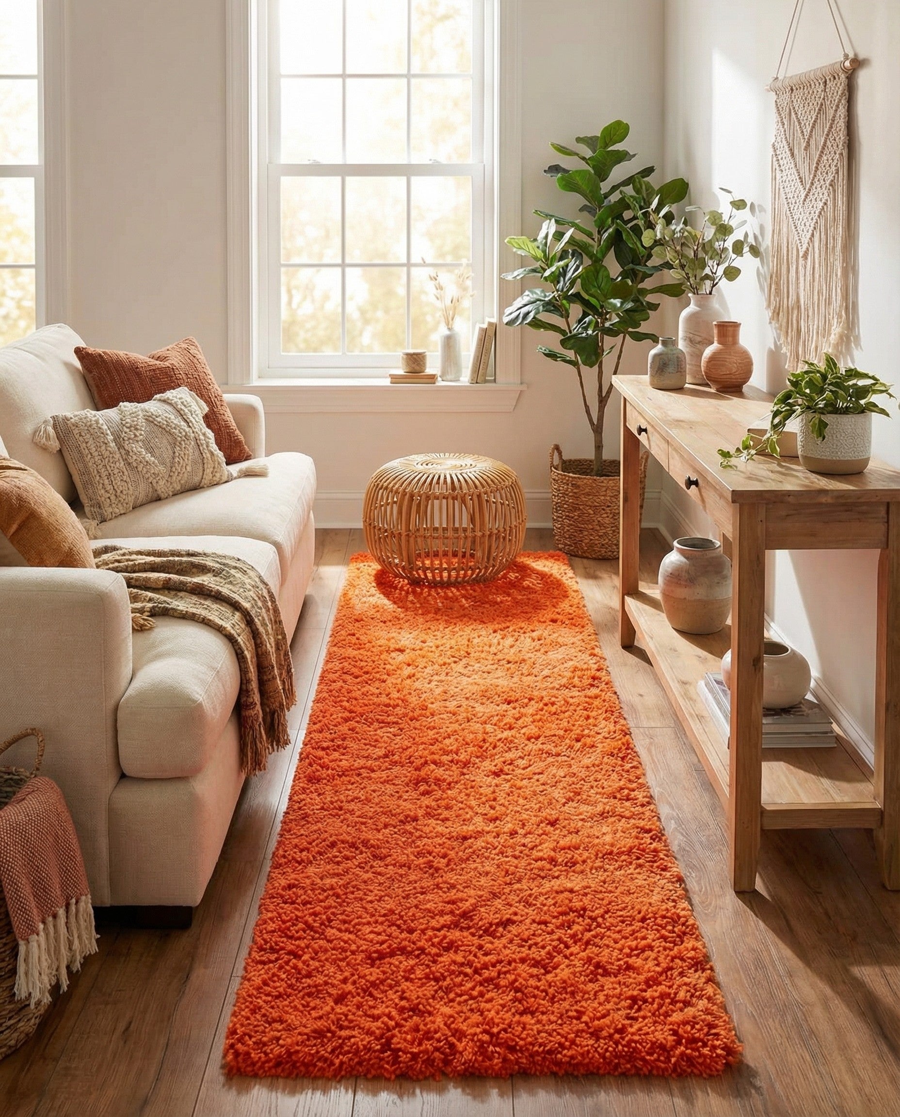 A vibrant orange 10 ft runner rug with a soft, textured shag pile, perfect for a hallway.