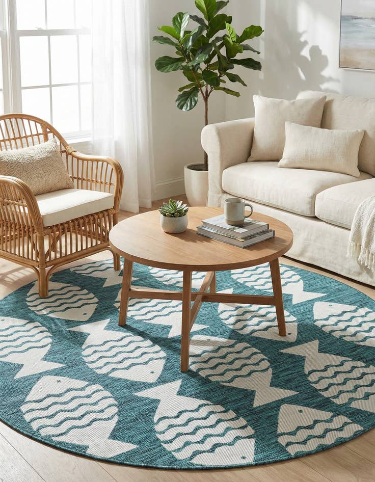 Detail image of 6' 1 x 6' 1  Washable Coastal Indoor / Outdoor Round Rug