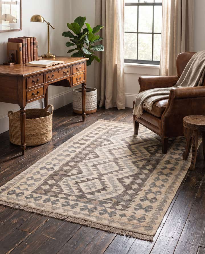 3' 4 x 4' 10 Hand Woven Kilim Maymana Wool Rug