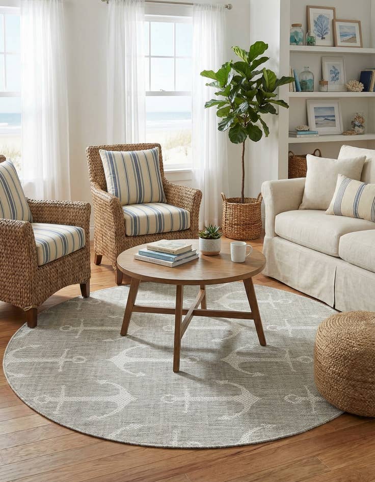 Detail image of 5' 3 x 5' 3  Washable Coastal Indoor / Outdoor Round Rug