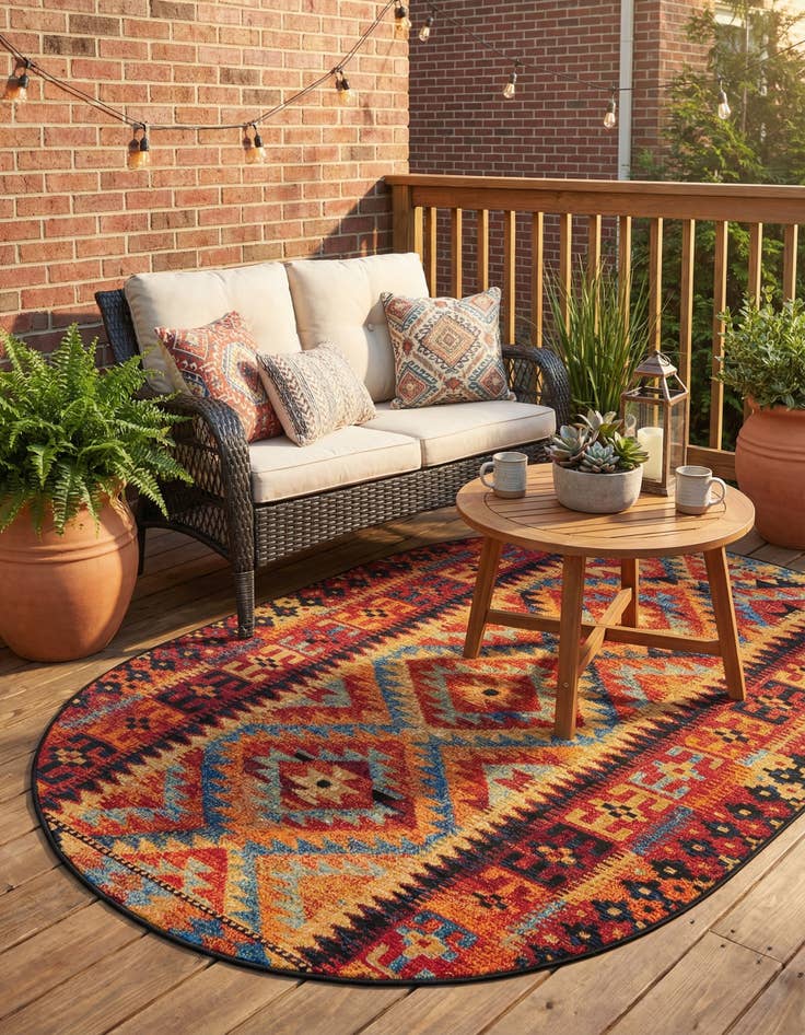 Detail image of 4' x 6' Easy-Clean Tribal Indoor / Outdoor Oval Rug
