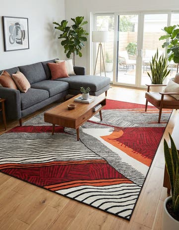 Red and Black Easy-Clean Modern Indoor / Outdoor Rug