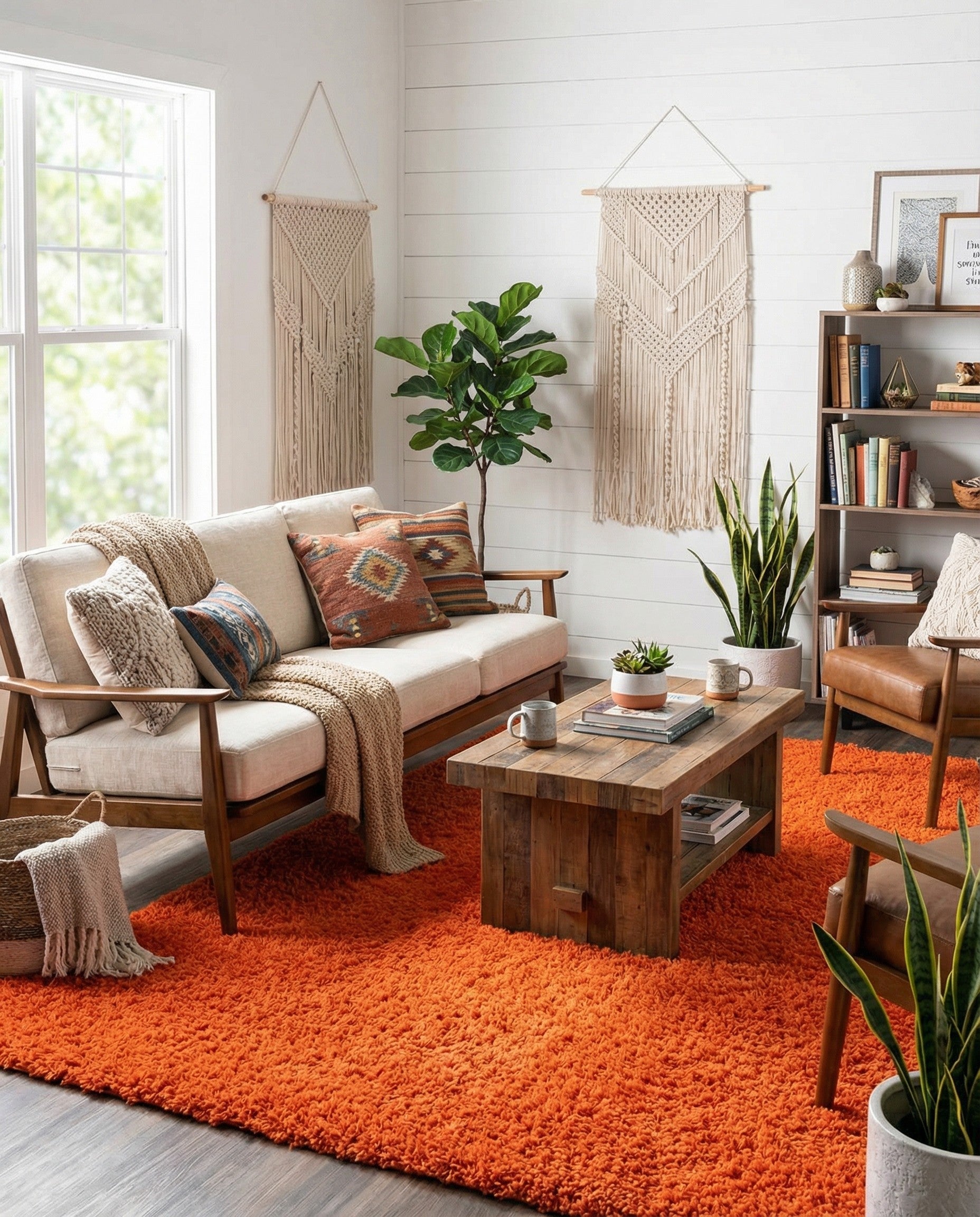 A vibrant 7x10 rectangular orange shag rug with a plush, textured pile, perfect for a modern living room.