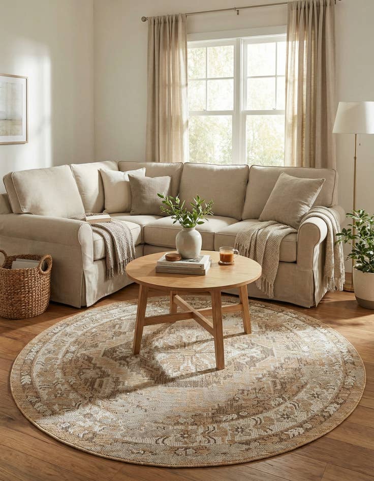 Detail image of 5' 3 x 5' 3  Washable Traditional Indoor / Outdoor Round Rug