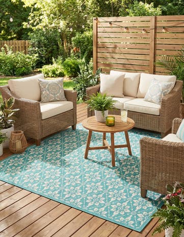 Teal Easy-Clean Lattice Indoor / Outdoor Square Rug