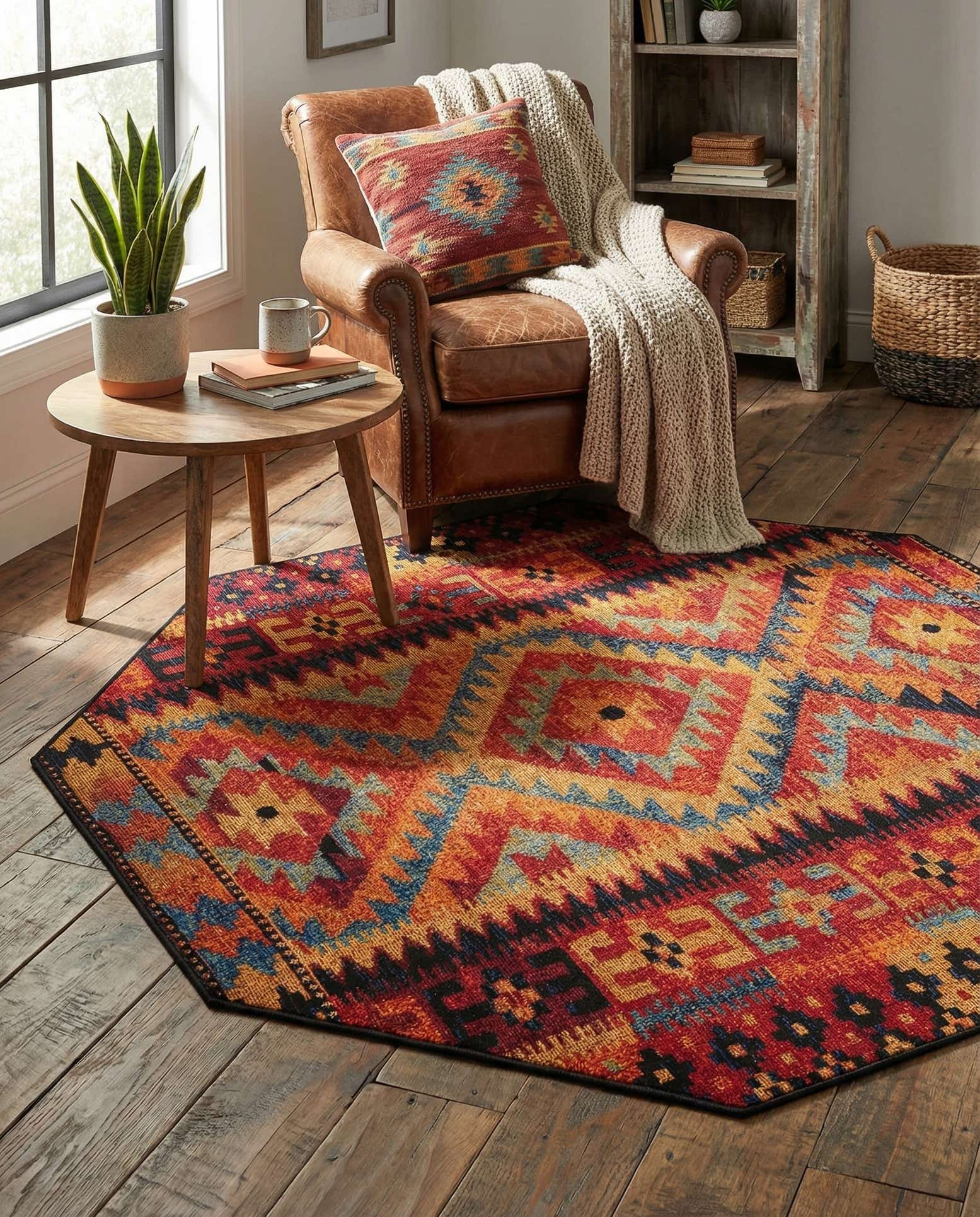 4' x 4' Easy-Clean Tribal Indoor / Outdoor Octagon Rug