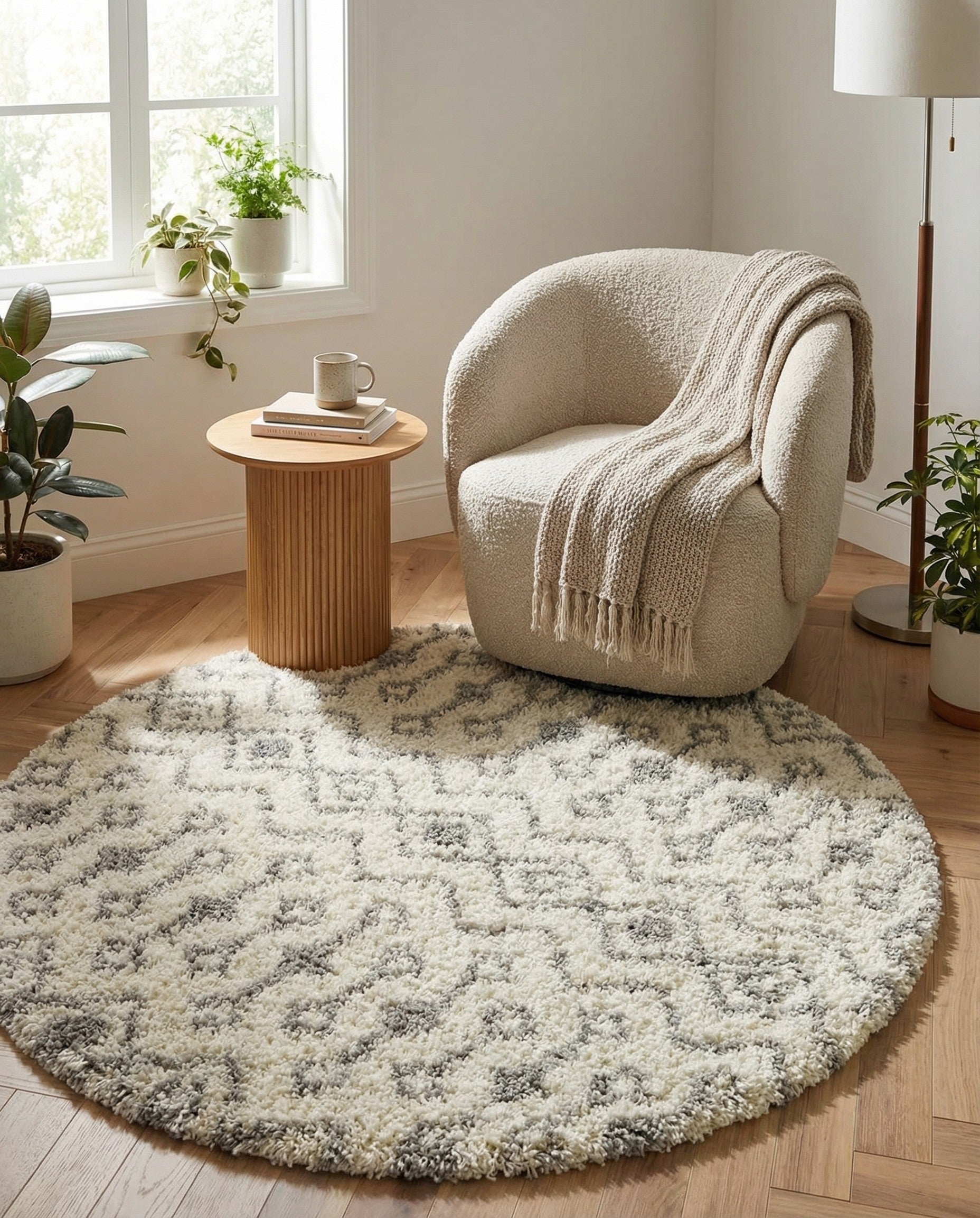 A round ivory shag rug with a modern tribal pattern in gray, showcasing its soft, textured pile.