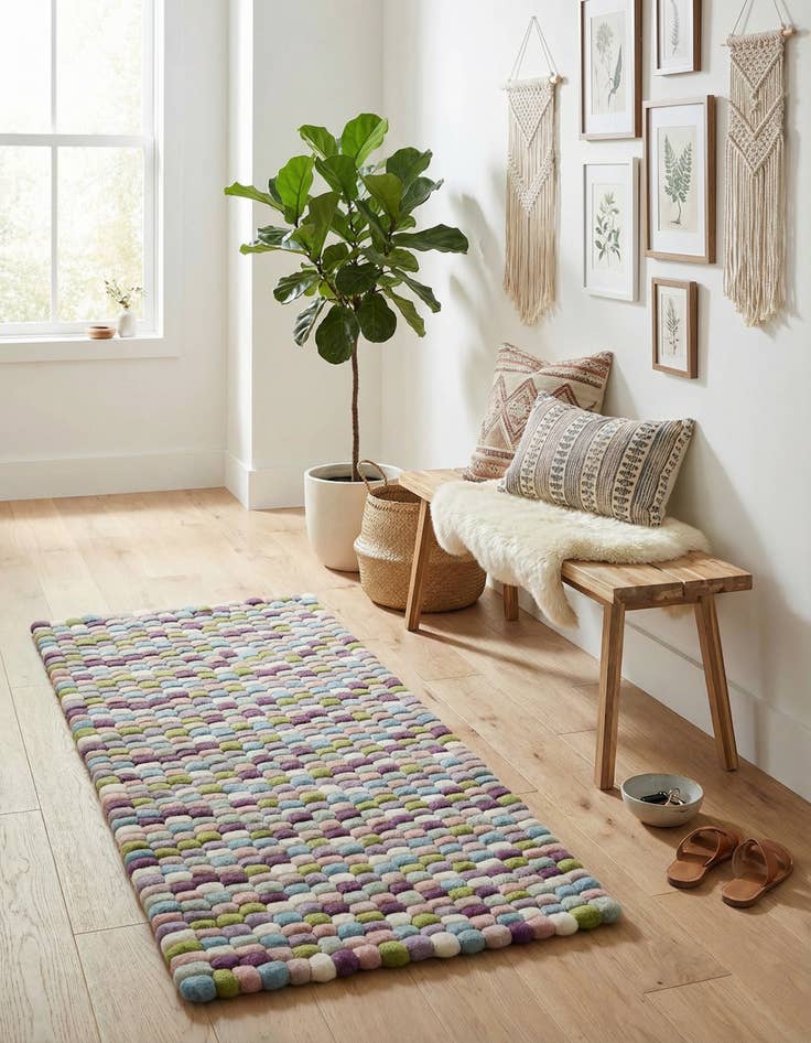 Detail image of  2' x 5' 1  Hand Woven Felt Ball Wool Runner Rug