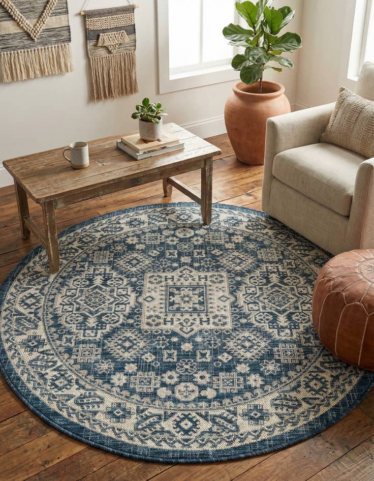 Detail image of 4' x 4'  Washable Aztec Indoor / Outdoor Round Rug