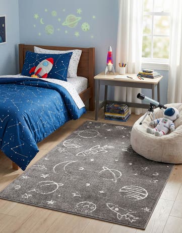 Gray Planets Whimsy Kids Rug