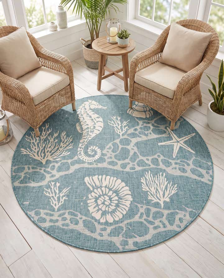 5' 3 x 5' 3 Easy-Clean Coastal Indoor / Outdoor Round Rug