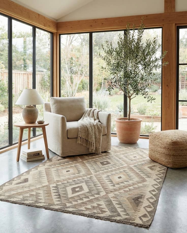 Detail image of 4' 3 x 5' 11 Hand Woven Kilim Maymana Wool Rug