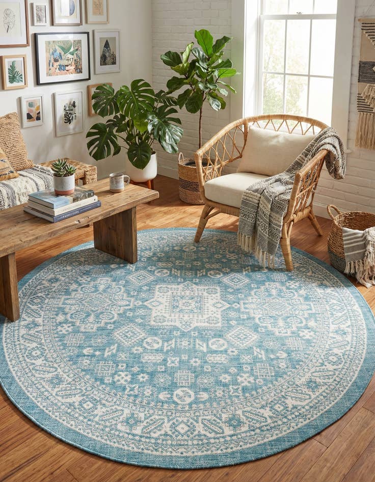 Detail image of 7' 10 x 7' 10 Easy-Clean Aztec Indoor / Outdoor Round Rug