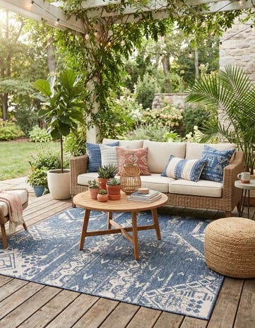 Blue Easy-Clean Bohemian Indoor / Outdoor Square Rug