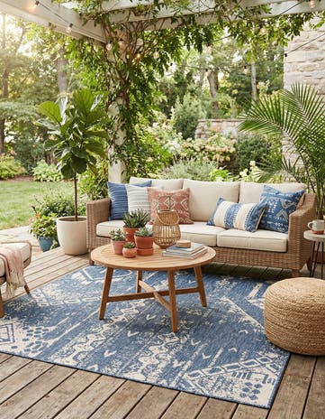 Blue Easy-Clean Bohemian Indoor / Outdoor Square Rug