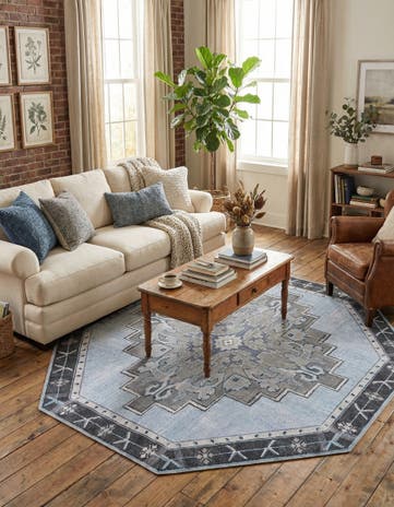 Blue Gray Washable Timeless Octagon Rug