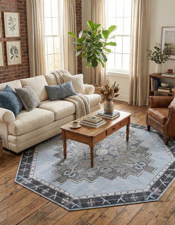 Blue Gray Washable Timeless Octagon Rug