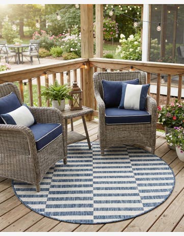 Blue Easy-Clean Striped Indoor / Outdoor Round Rug