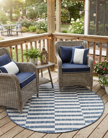 Blue Easy-Clean Ribbon Indoor / Outdoor Round Rug