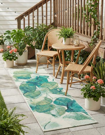 Blue Green Easy-Clean Botanical Indoor / Outdoor Runner Rug