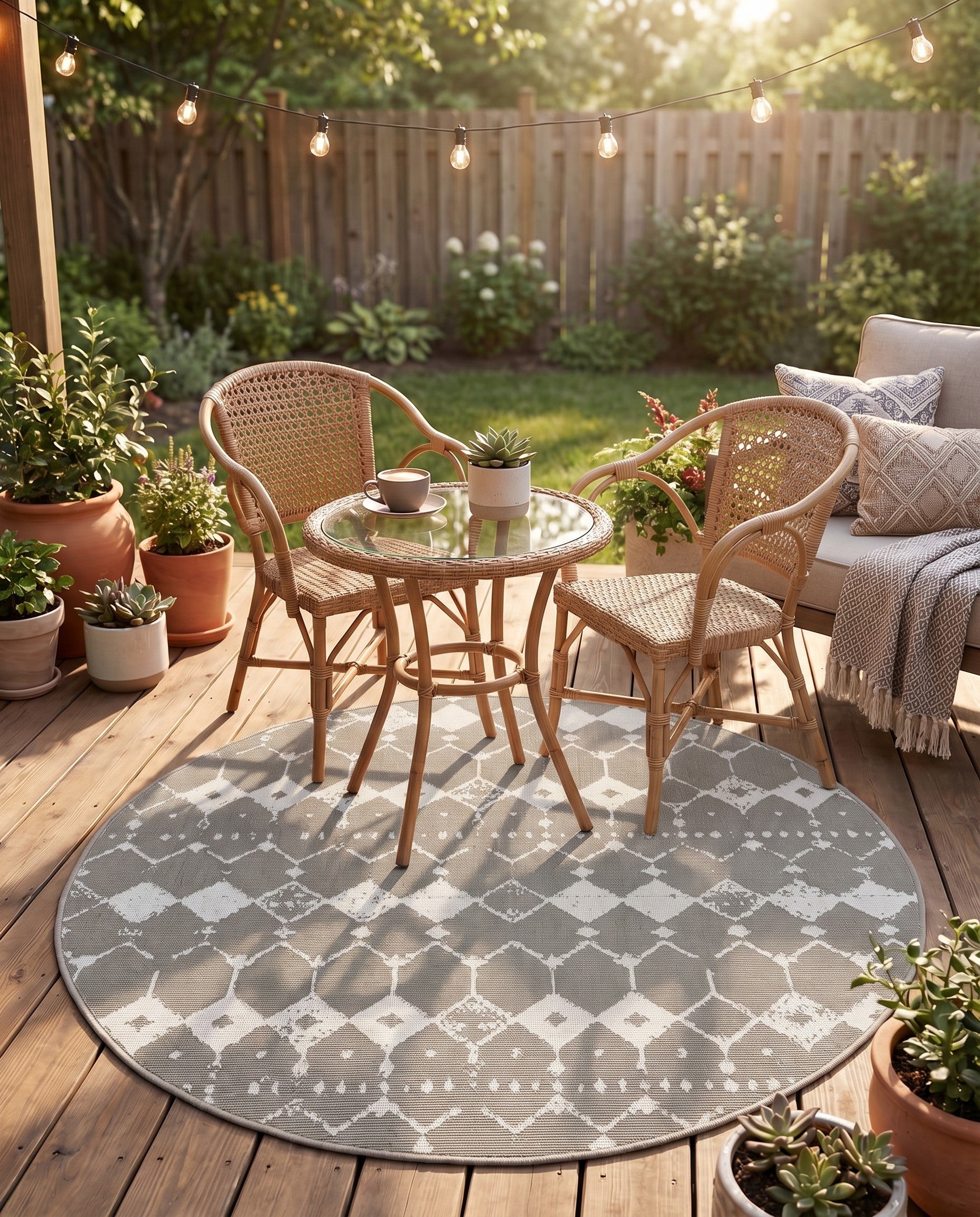 Gray Easy-Clean Trellis Indoor / Outdoor Round Rug