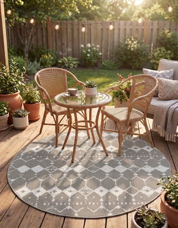 Gray Easy-Clean Trellis Indoor / Outdoor Round Rug
